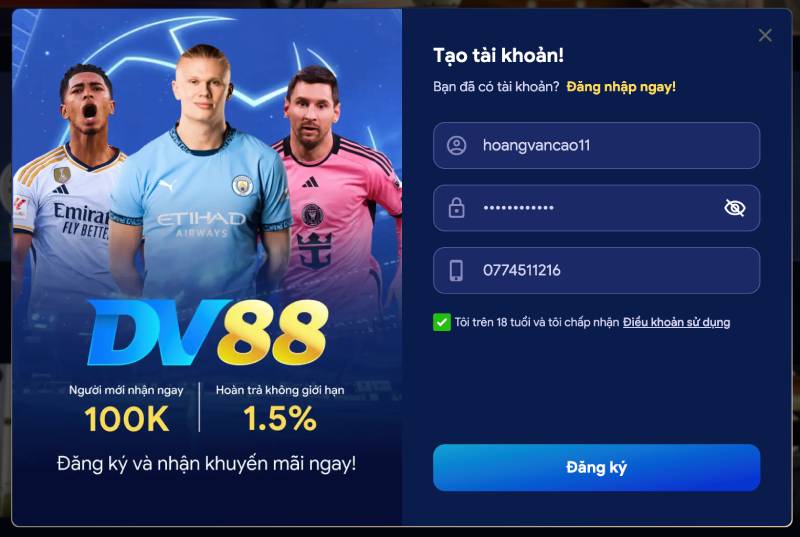 Các bước đăng ký tài khoản DV88