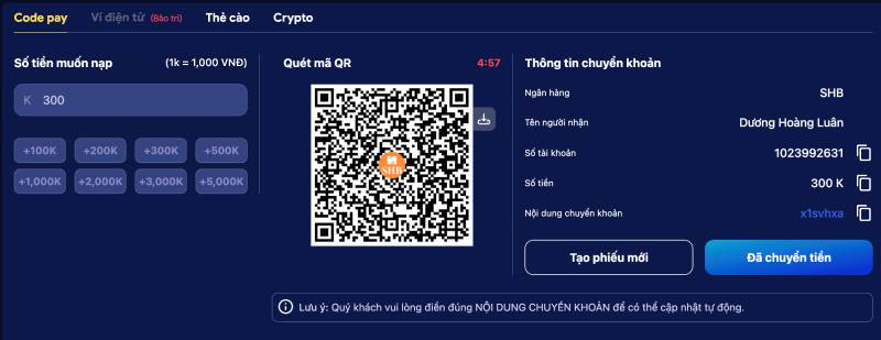 Nạp tiền qua chuyển khoản ngân hàng