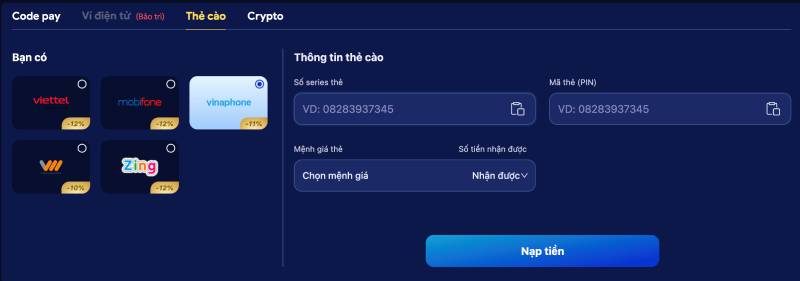 Nạp tiền qua thẻ cào