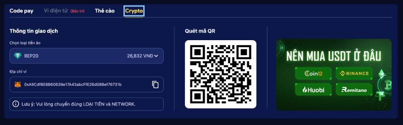 Nạp tiền qua tiền điện tử (Crypto)