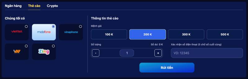 Rút tiền qua thẻ cào